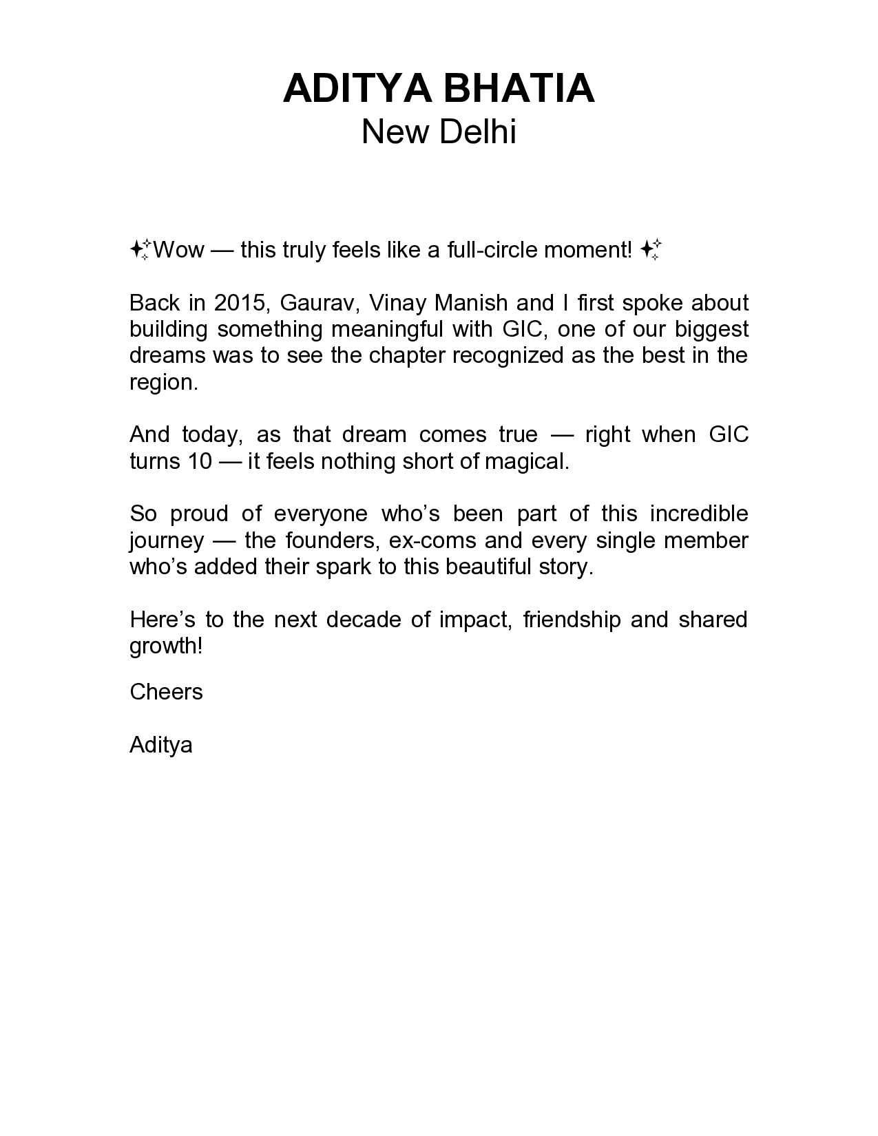 Letter from Aditya Bhatia