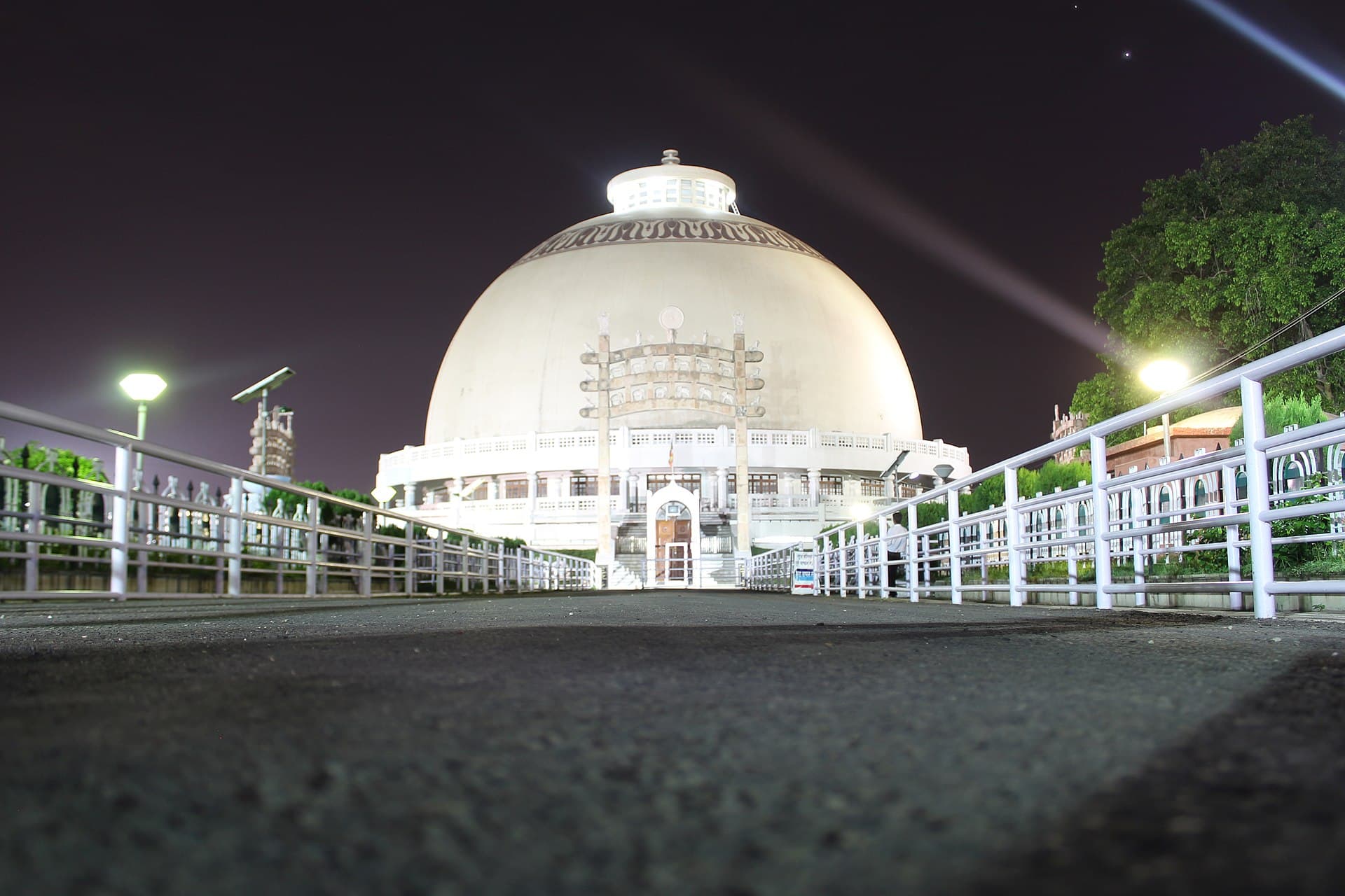 Deekshabhoomi monument illuminated at night in Nagpur
